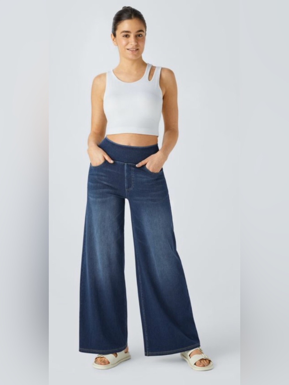 Halara Flex High Waisted Pockets Baggy Wide Leg Washed Casual Jeans XL Reg